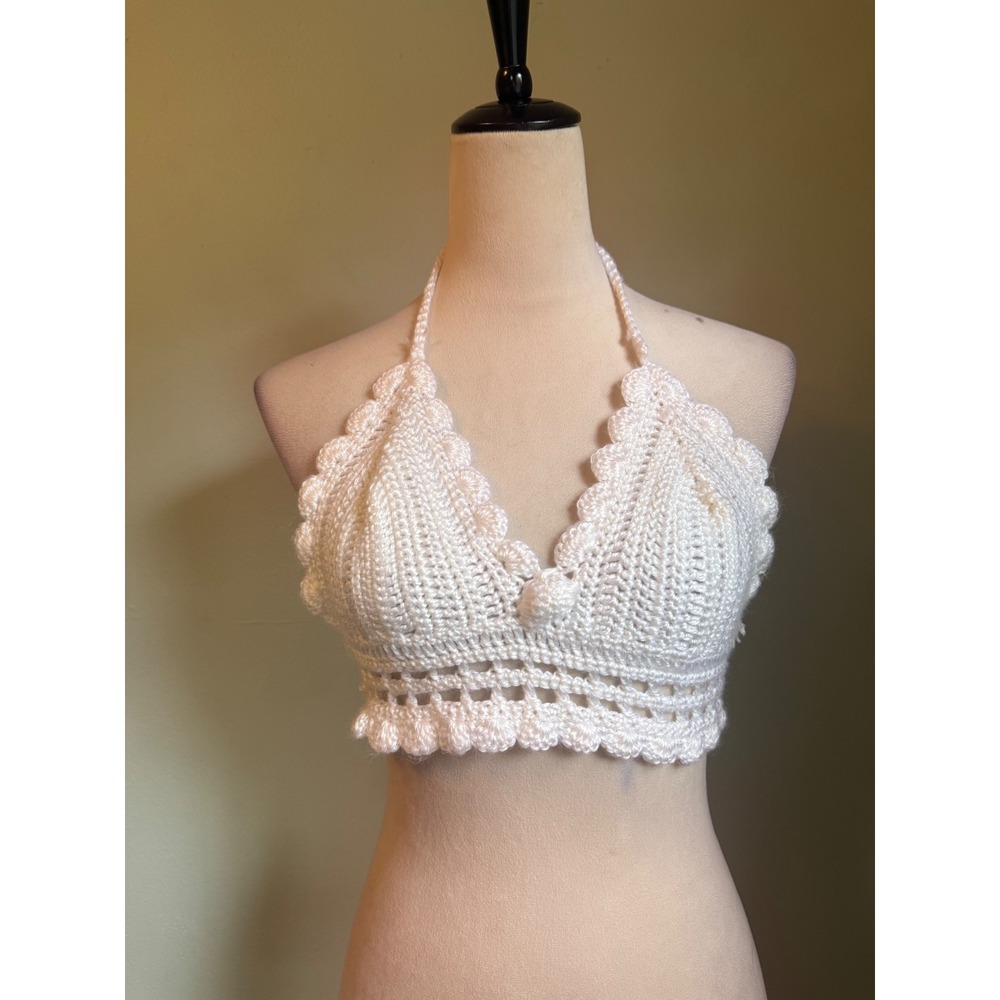 Handmade White Crochet Halter Crop Top Boho Festival Tassel Tie costume bohemian